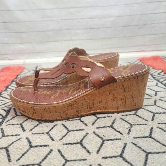 Sam Edelman Ralphie Leather Wedge Sandal in Camel Tan, sz 8 - Picture 1 of 13